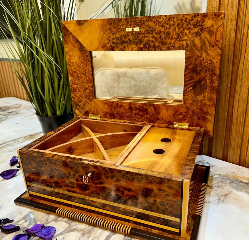 Handmade Luxury Jewelry Burlwood Box Inlaid With Mother Of Pearl, Lockable Handmade Anniversary Gift Box With Mirror Inside Decorative Box, Memory Box, Christmas Gift