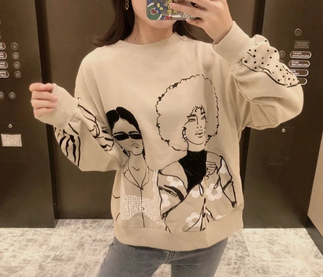 Cartoon Girl Print Round Neck Loose Sweater