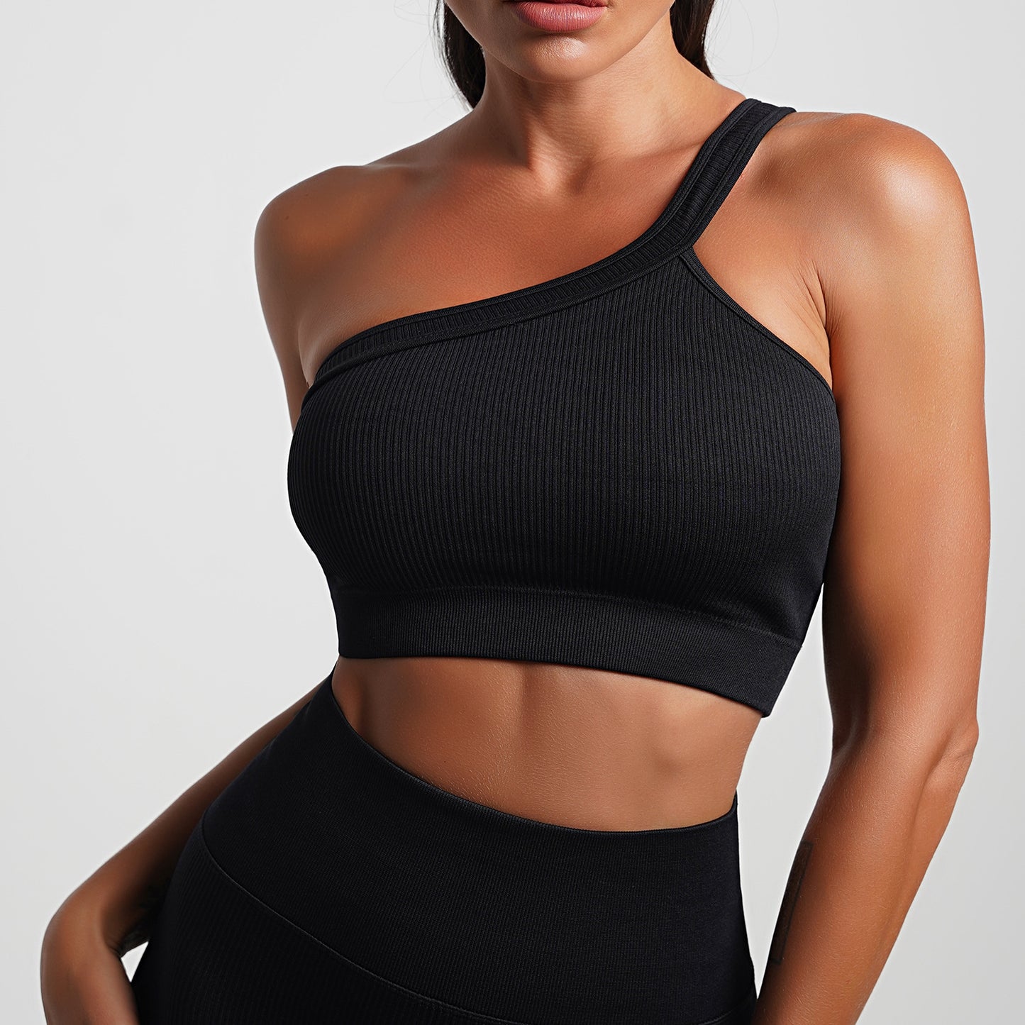 Seamless Yoga Clothes Suit Solid Color Workout Top Oblique Shoulder Sports Bra Sports High Waist Tight Hip Raise Yoga Pants