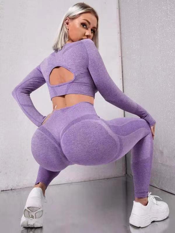 Yoga Outdoor Base Fitness Peach Hip Hollow-out Tight Long Sleeve Trousers Sports Two-piece Suit