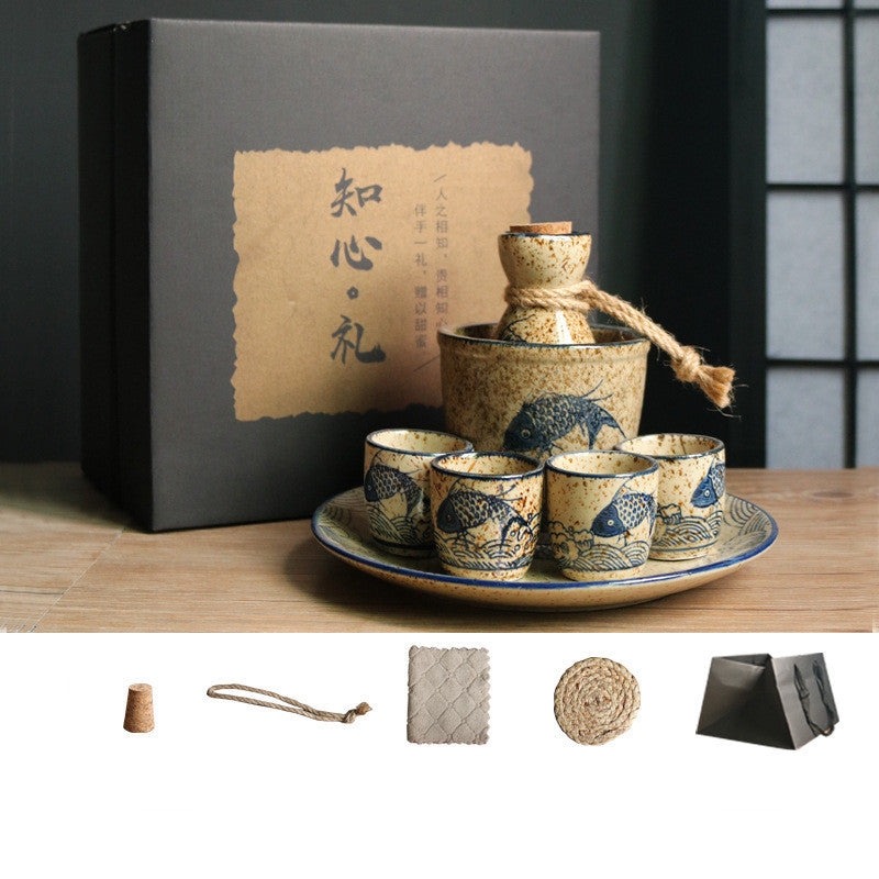 Japanese Retro Sake Wine Warmer Gift Box Set Hot Wine Shochu Pot Ceramic Wine Cup White Wine Household Wine Glass