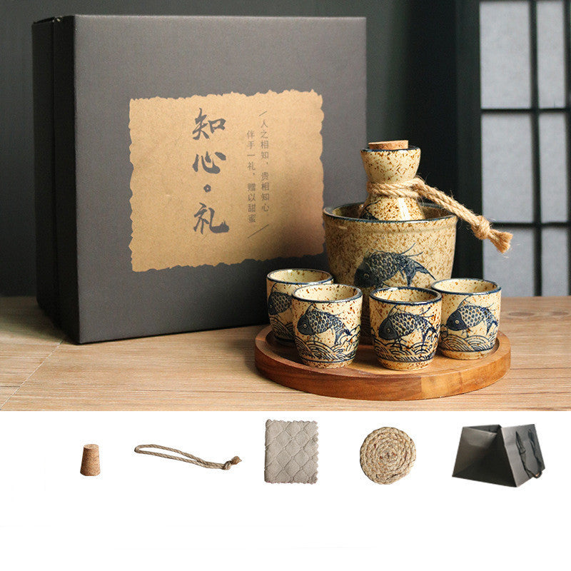 Japanese Retro Sake Wine Warmer Gift Box Set Hot Wine Shochu Pot Ceramic Wine Cup White Wine Household Wine Glass