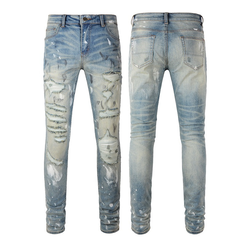 Men’s jeans Torn Graffiti Old Wash Stretchy Slim Jeans