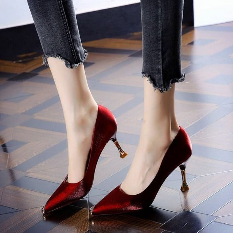 Pointed Satin High Heels Women Stiletto All-match Single Shoes