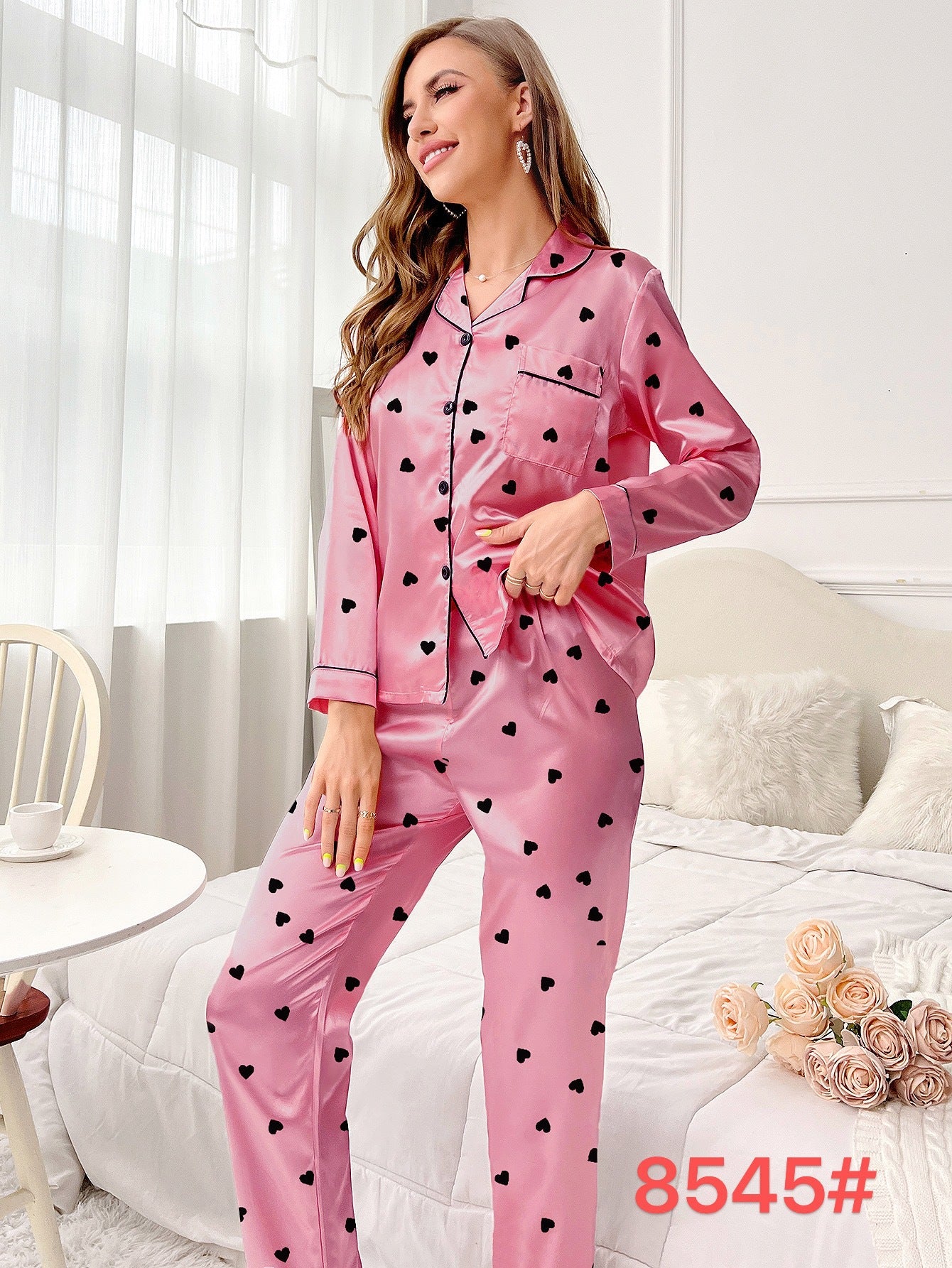 Woman pajamas Sweet Luxury 5050 Artificial Silk Lapel Long Sleeve Trousers Home Wear Two-piece Suit