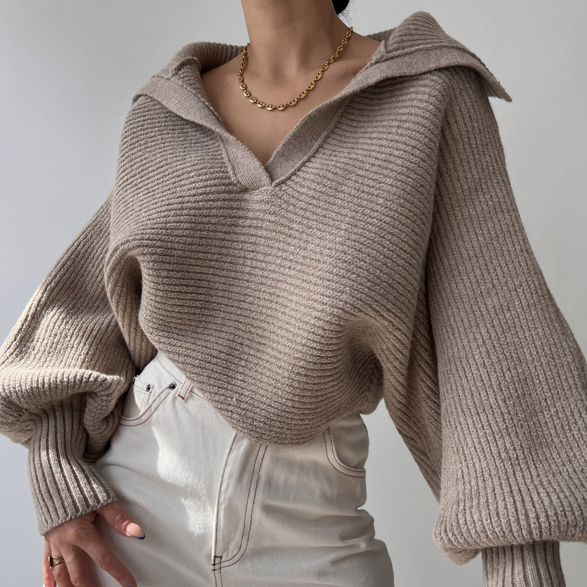 Woman sweater Spring And Autumn New Knitted Sweater Sweater Lapel Pullover Women's Top