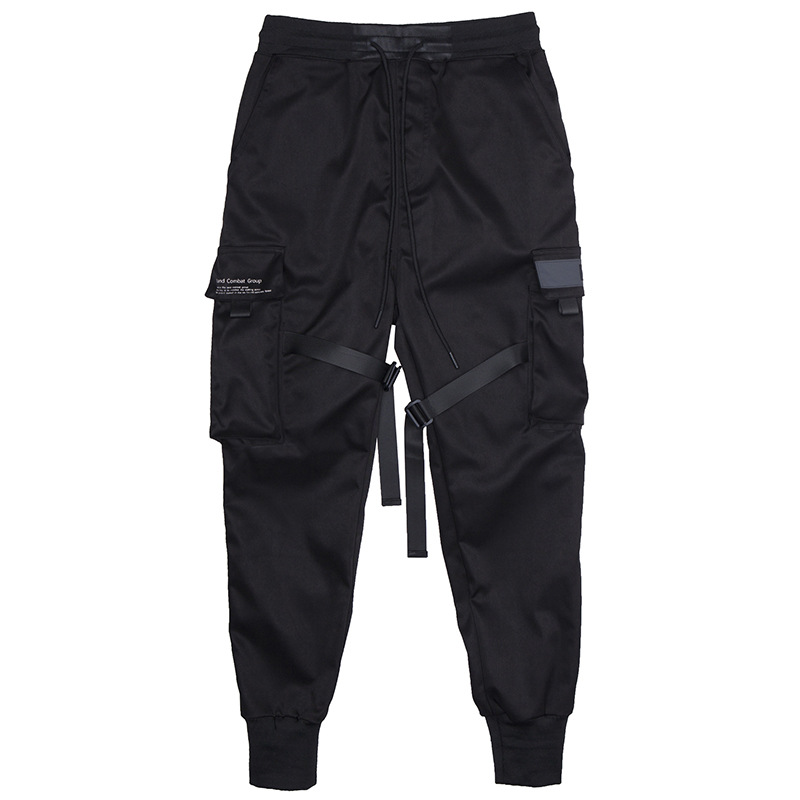 Men Black Hip Hop Cargo Pants Elastic Waist Jogger Trousers Sweatpants Pockets Full Length Casual Fashion