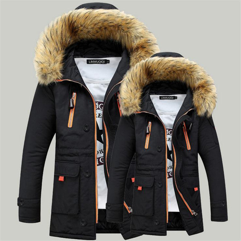 Men's cotton winter jacket fur collar fashion cotton clothing warm jacket cotton jacket long solid color men's clothing