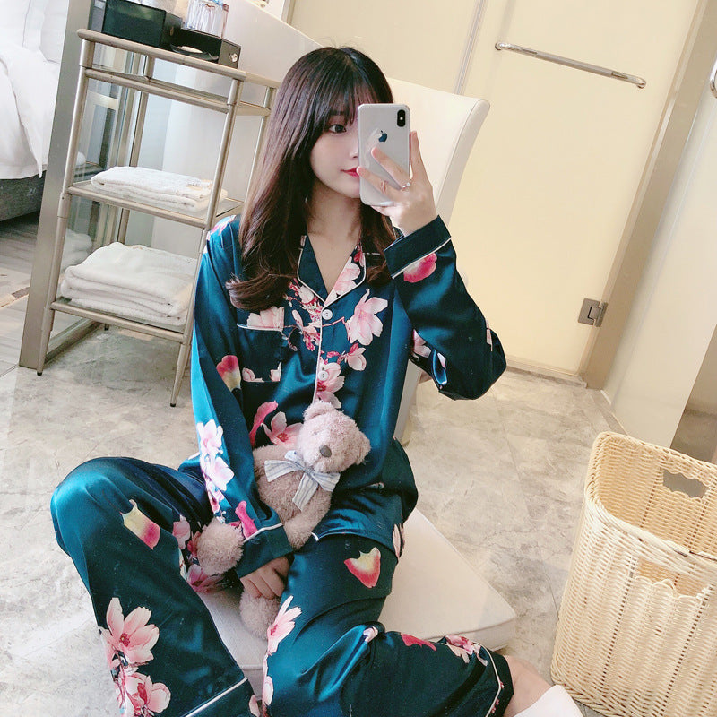 Woman pajamas Sweet Luxury 5050 Artificial Silk Lapel Long Sleeve Trousers Home Wear Two-piece Suit