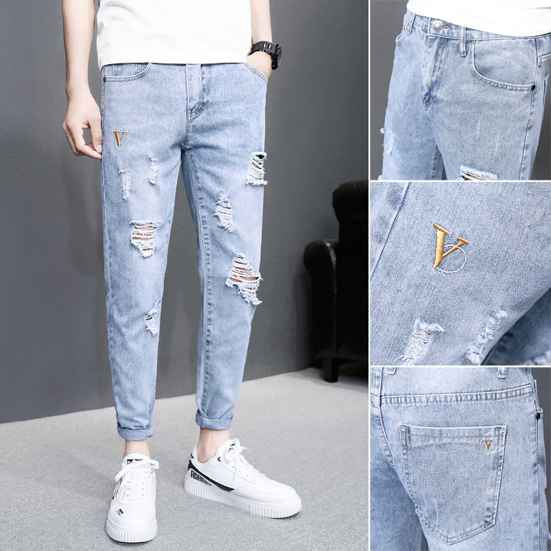 Men jeans Autumn black ripped ankle