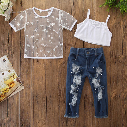 Girl Toddler Girls Short Sleeve Star T-shirt Tops Hole Denim pants pearl Jeans Girl 2pcs Clothing Set