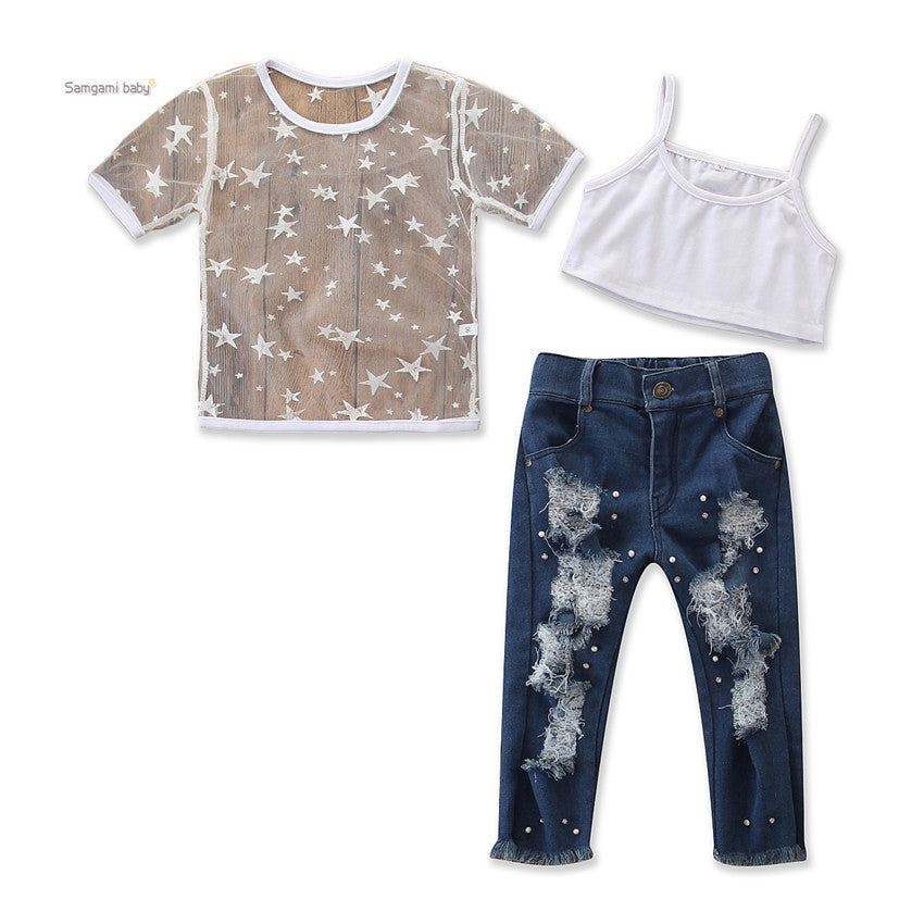 Girl Toddler Girls Short Sleeve Star T-shirt Tops Hole Denim pants pearl Jeans Girl 2pcs Clothing Set