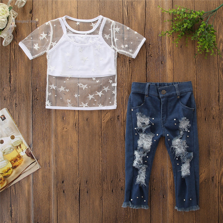 Girl Toddler Girls Short Sleeve Star T-shirt Tops Hole Denim pants pearl Jeans Girl 2pcs Clothing Set