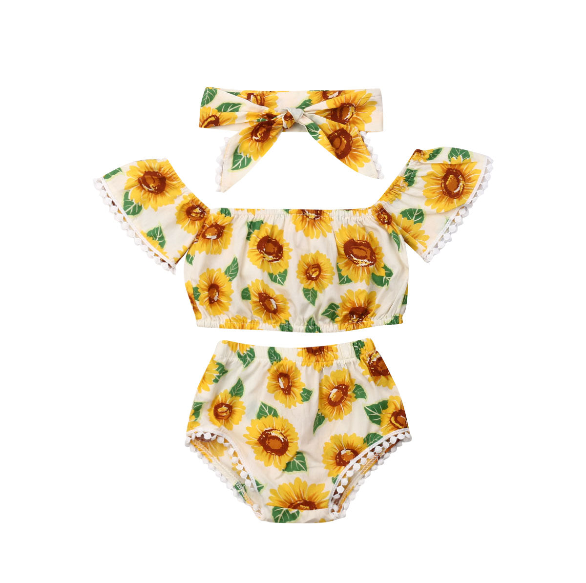 Girl suit Sunflower Print One-Shoulder Top Triangle Shorts