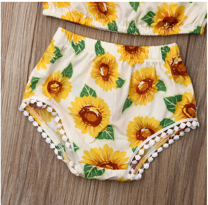 Girl suit Sunflower Print One-Shoulder Top Triangle Shorts