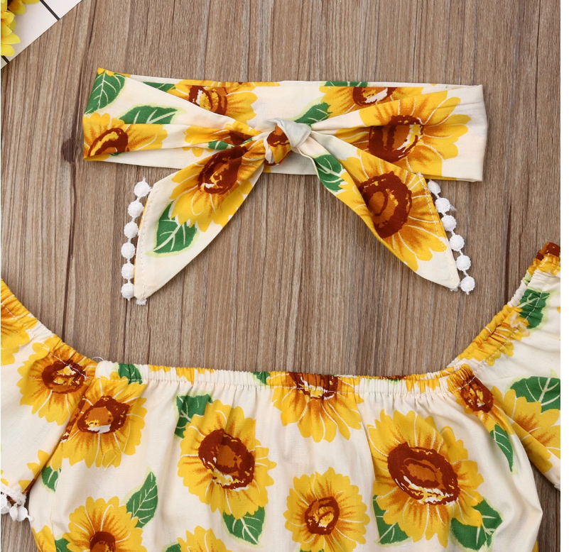 Girl suit Sunflower Print One-Shoulder Top Triangle Shorts