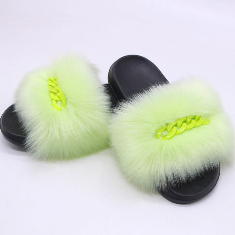 Furry Fur Slippers Fluffy Flip Flops Women Summer Faux Fox Sandals Designer Chain Plush Raccoon Fur Slides Beach Home Flat Shoes