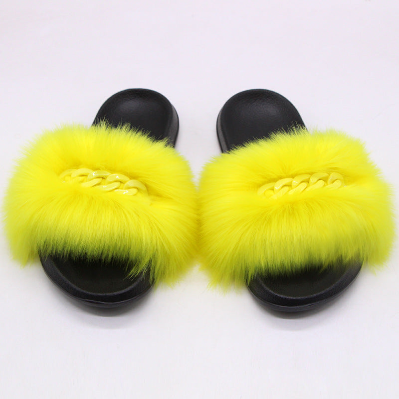 Furry Fur Slippers Fluffy Flip Flops Women Summer Faux Fox Sandals Designer Chain Plush Raccoon Fur Slides Beach Home Flat Shoes