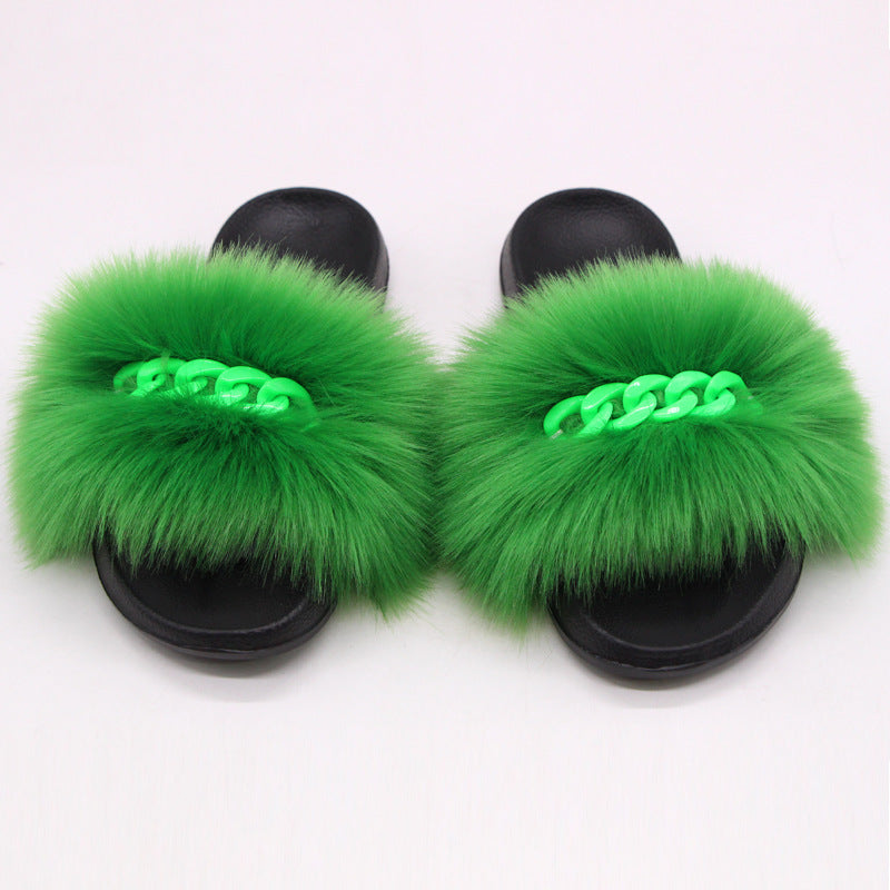 Furry Fur Slippers Fluffy Flip Flops Women Summer Faux Fox Sandals Designer Chain Plush Raccoon Fur Slides Beach Home Flat Shoes