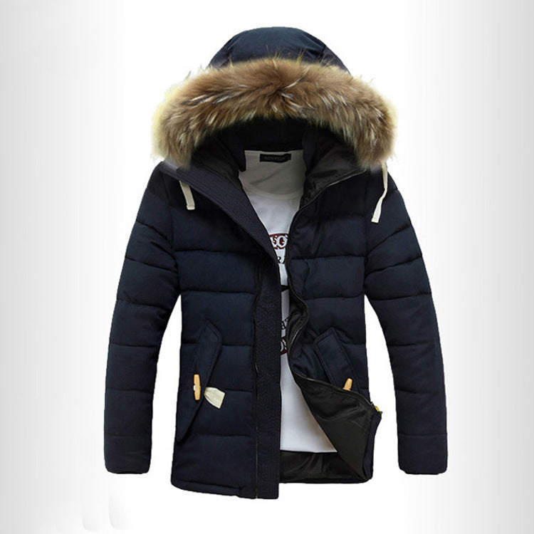 Men’s Winter jacket Fur Collar Cotton-Padded Jacket Men's Korean Style Slim Mid-Length Men's Student Padded Jacket And Velvet Thick Hooded Jacket