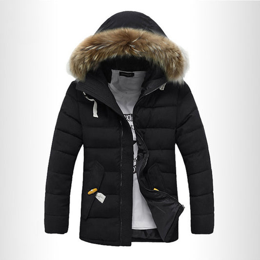 Men’s Winter jacket Fur Collar Cotton-Padded Jacket Men's Korean Style Slim Mid-Length Men's Student Padded Jacket And Velvet Thick Hooded Jacket