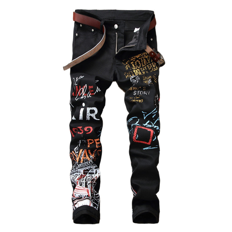 Men’s Jeans Slim Graffiti Print Plus Size Trousers Men