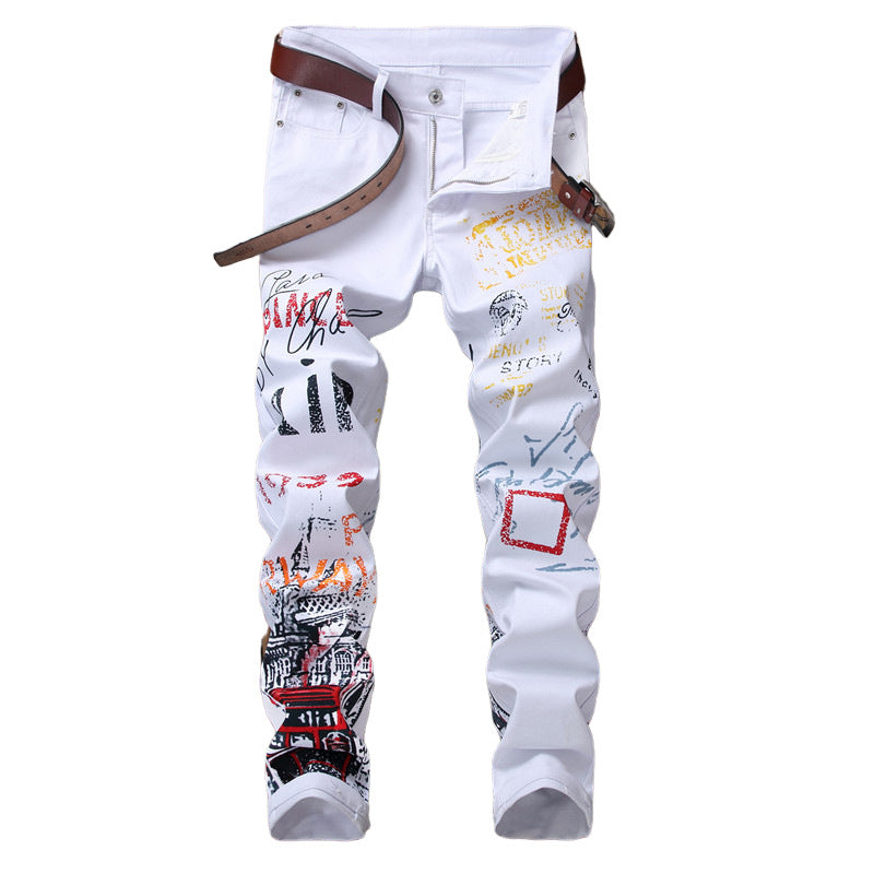 Men’s Jeans Slim Graffiti Print Plus Size Trousers Men