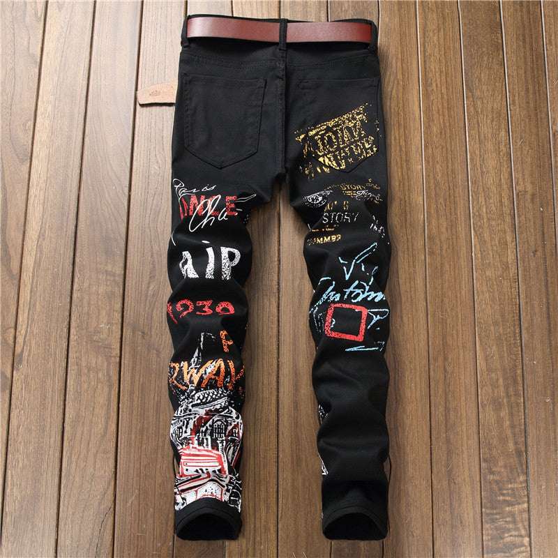 Men’s Jeans Slim Graffiti Print Plus Size Trousers Men