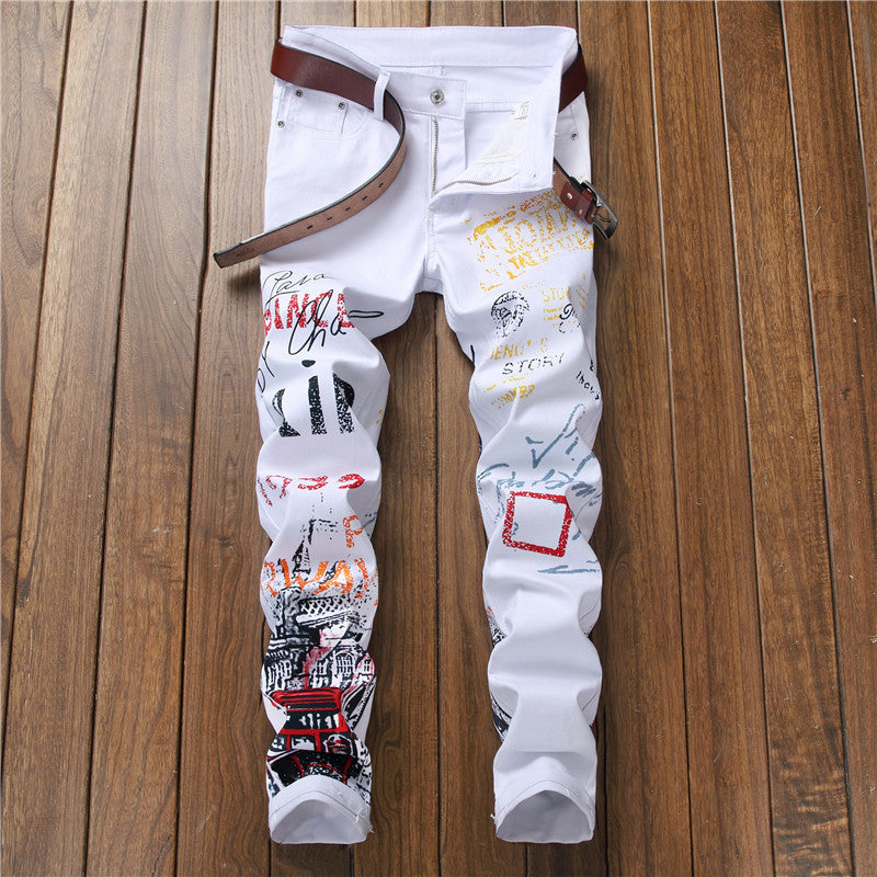 Men’s Jeans Slim Graffiti Print Plus Size Trousers Men