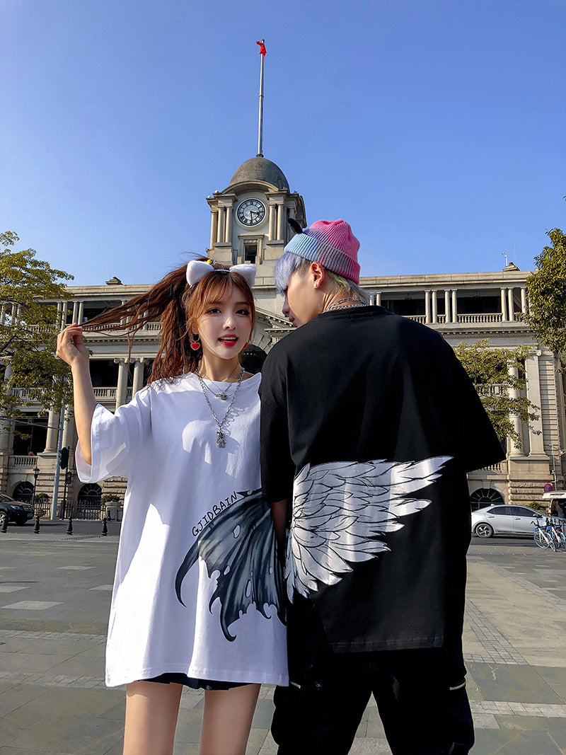 Couples Summer t-shirt Dress Ins Angel And Devil Wings Short-Sleeved T-Shirt Men And Women Loose Five-Point Sleeves