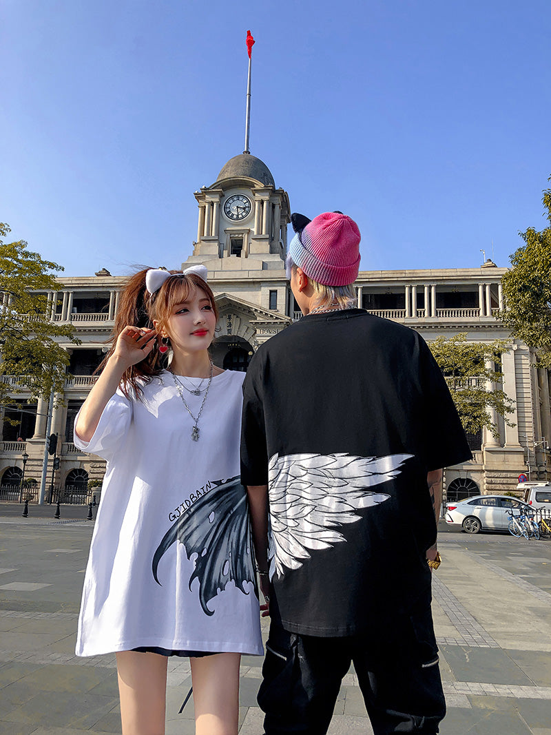 Couples Summer t-shirt Dress Ins Angel And Devil Wings Short-Sleeved T-Shirt Men And Women Loose Five-Point Sleeves