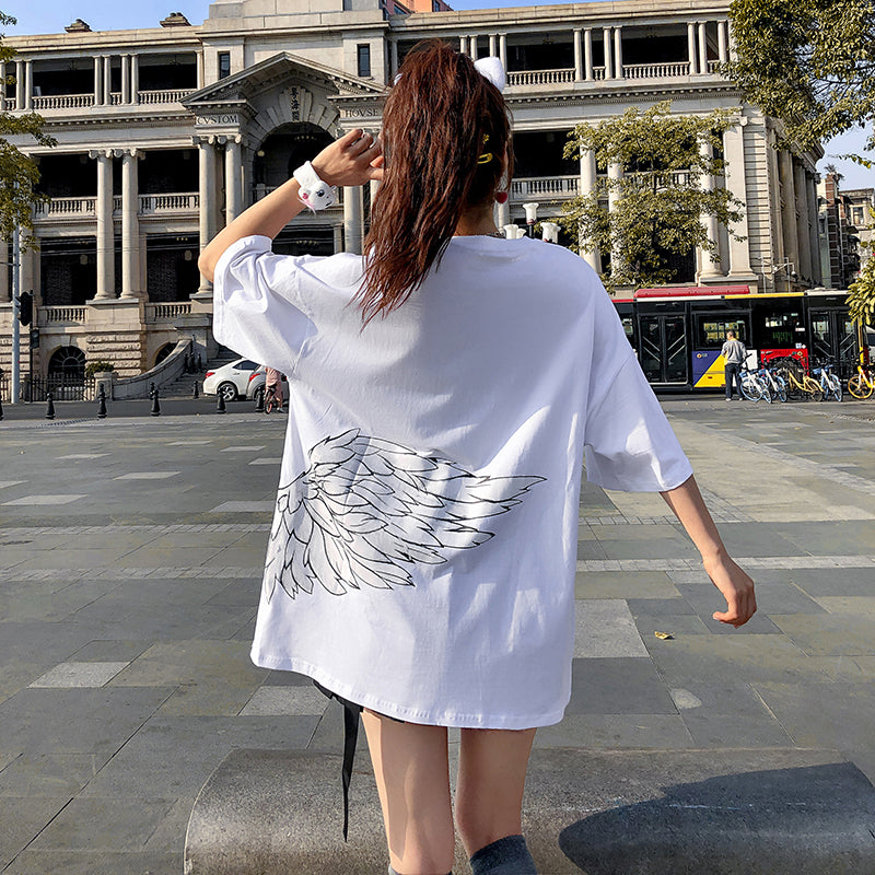 Couples Summer t-shirt Dress Ins Angel And Devil Wings Short-Sleeved T-Shirt Men And Women Loose Five-Point Sleeves