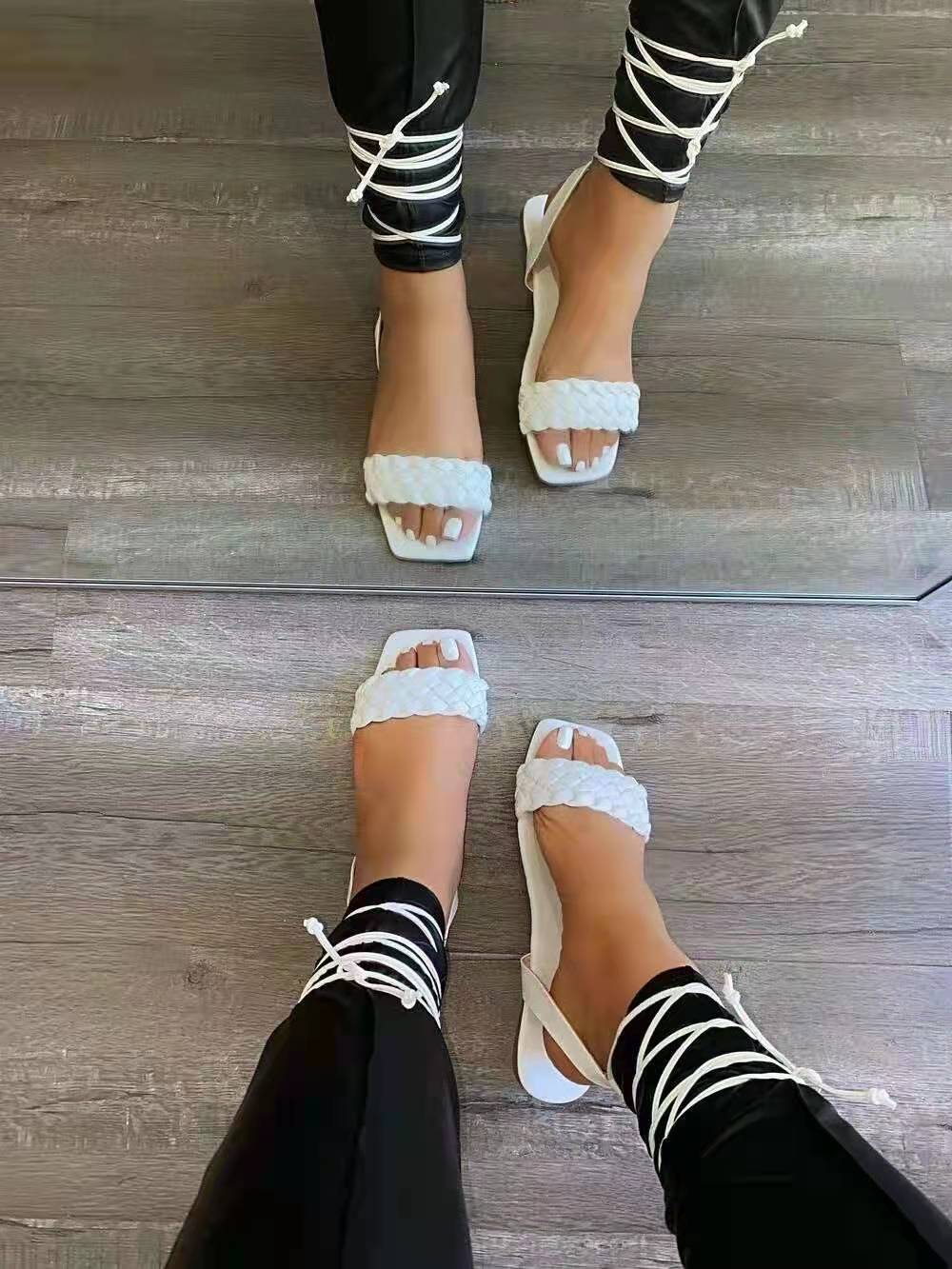 Lace Wrap Flat Casual Ladies Sandals And Slippers Women European And Beautiful Shoes In Stock Slippers Women Laces