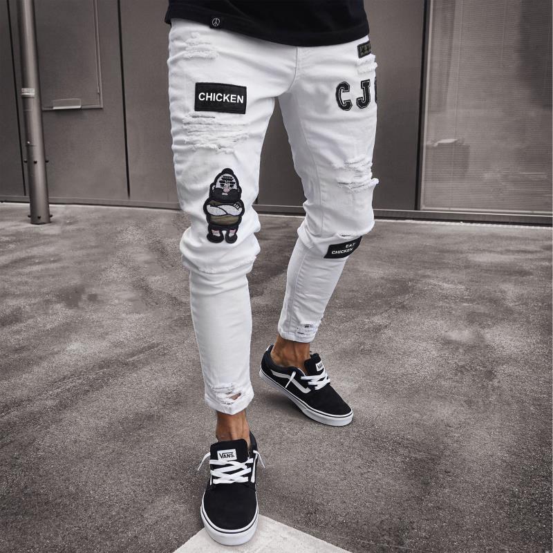 Men’s jeans White High-end Denim Men's Trousers Cross-border Foreign Trade Hole Trend Black Slim Jeans Men