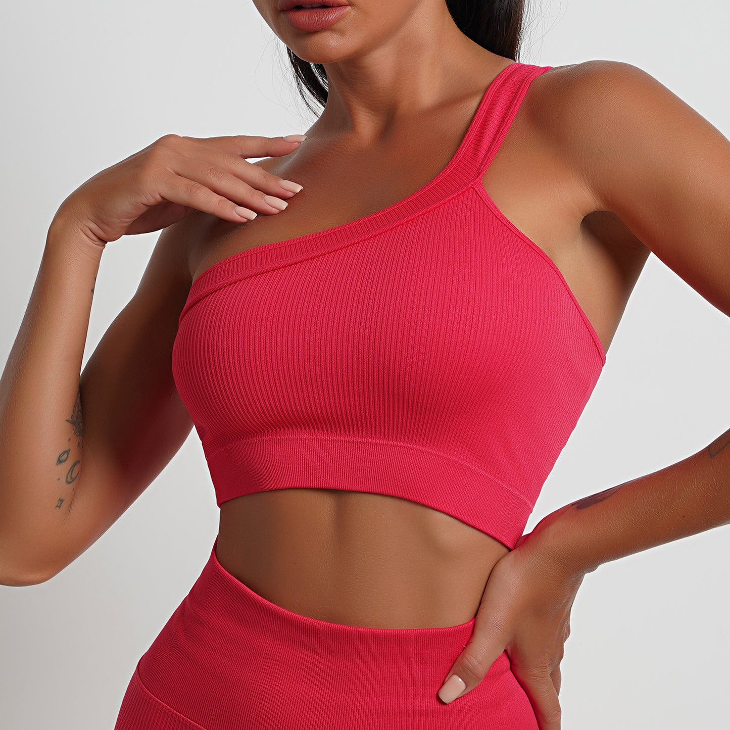 Seamless Yoga Clothes Suit Solid Color Workout Top Oblique Shoulder Sports Bra Sports High Waist Tight Hip Raise Yoga Pants