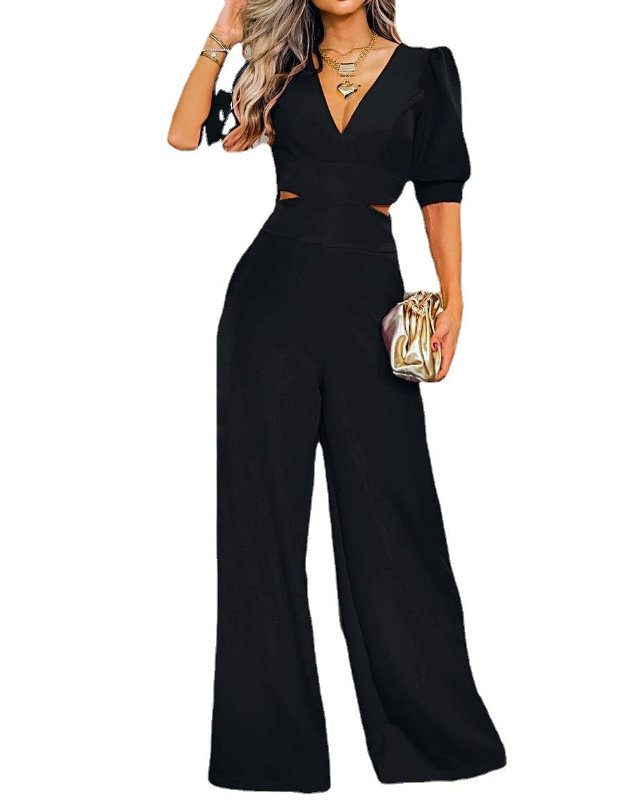 Fashion Women's Wear Puff Sleeve V-neck Loose Jumpsuit