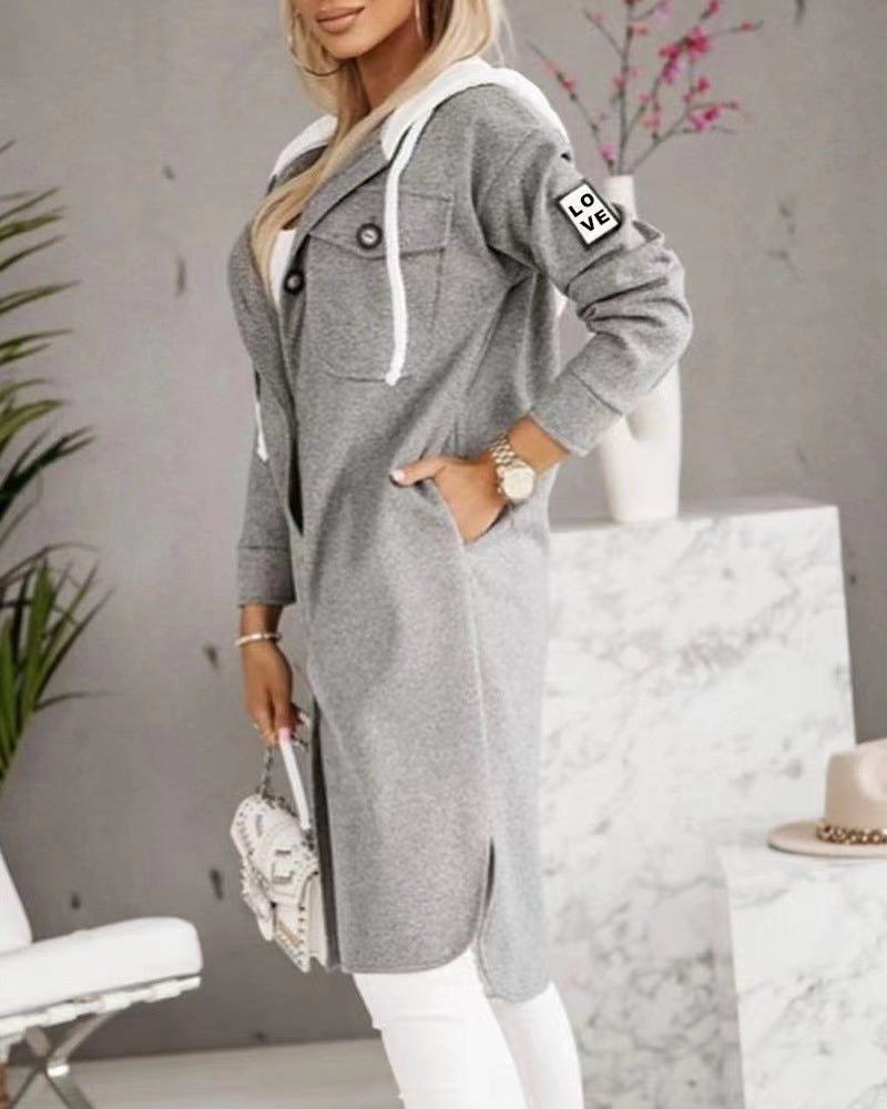 Woman’s fashion sleeve coat Hooded Button Long Sleeve Coat For Women