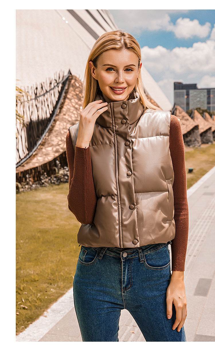 Women Polyester Cotton-padded Jacket Vest Sleeveless Stand Collar Vest Top