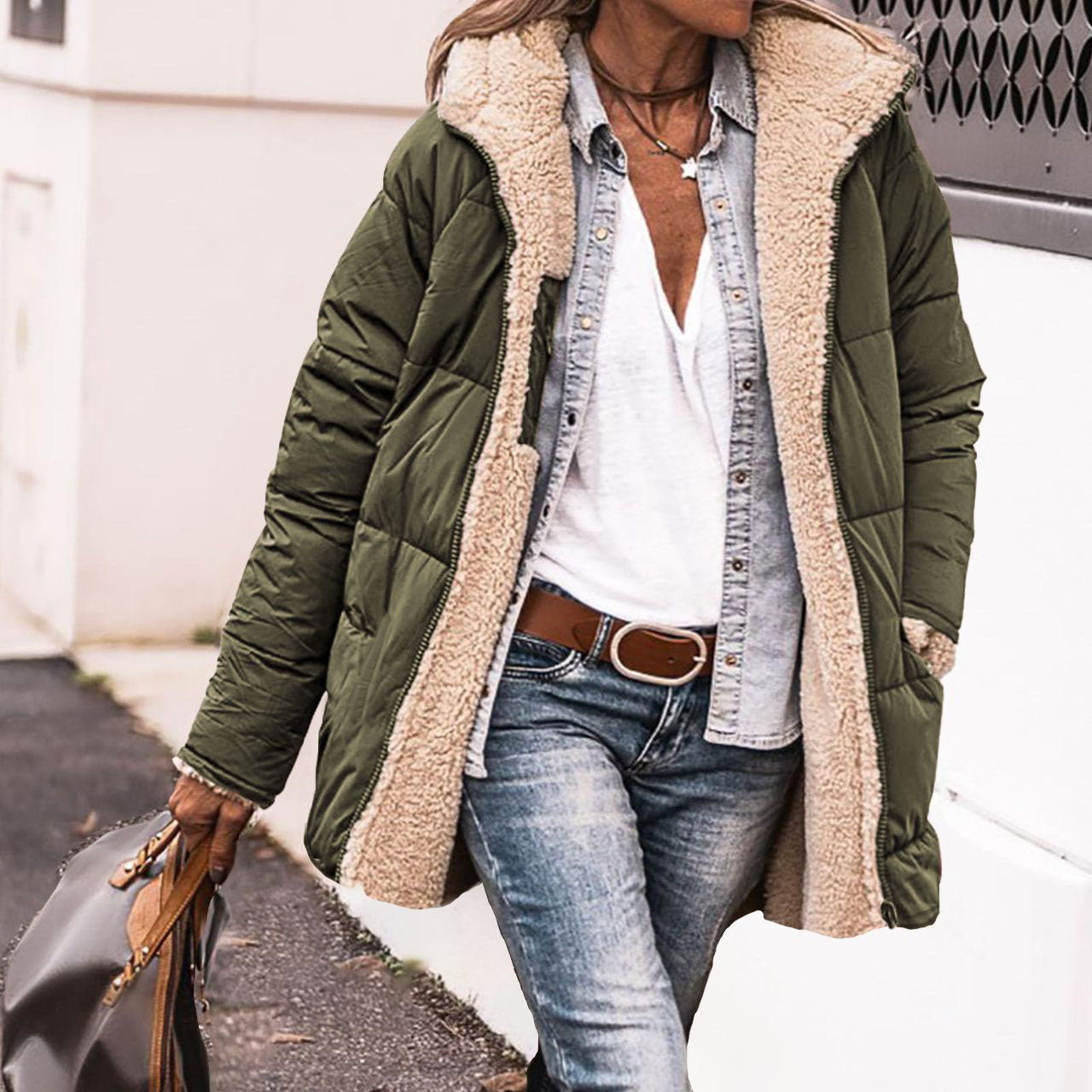 Women jacket Solid Color Hooded Short Cotton Jacket Long Sleeve Double-sided Wear Slim Fit Elegant Cardigan Coat Top