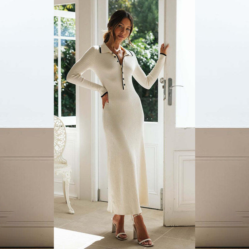 Women's Fashion Polo Collar Knitted Sheath Long Sleeve Dress