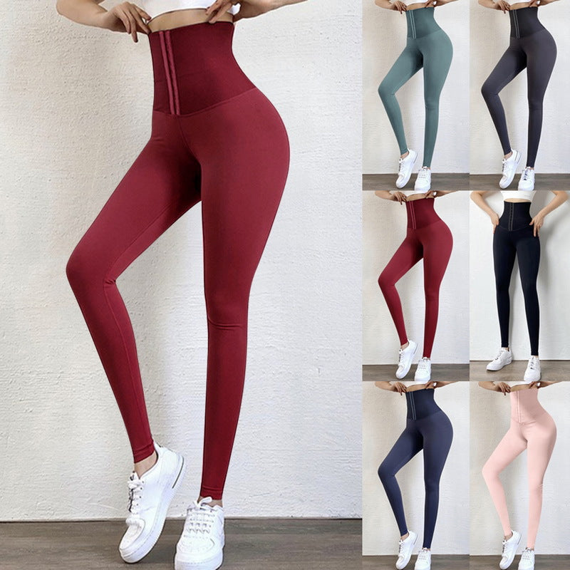 Women's Double Breasted High Waist Hip Lift Yoga Waist Girdling Belly Contraction Stretch Leggings