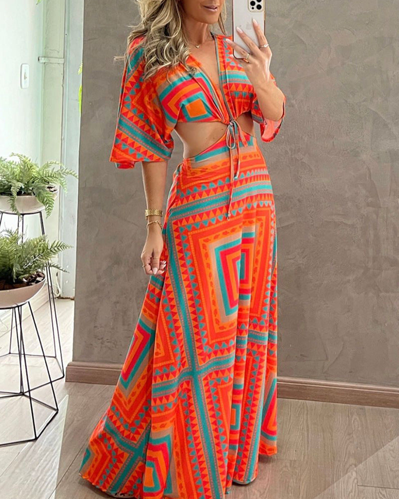 Color Matching Geometric Pattern Batwing Sleeve Midriff Outfit Strap Dress