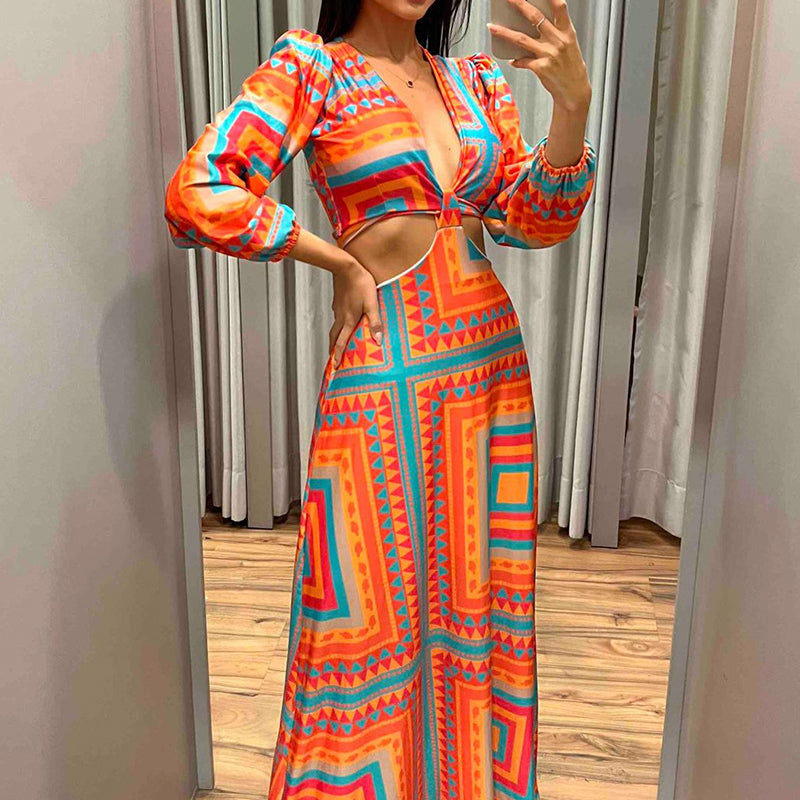 Color Matching Geometric Pattern Batwing Sleeve Midriff Outfit Strap Dress