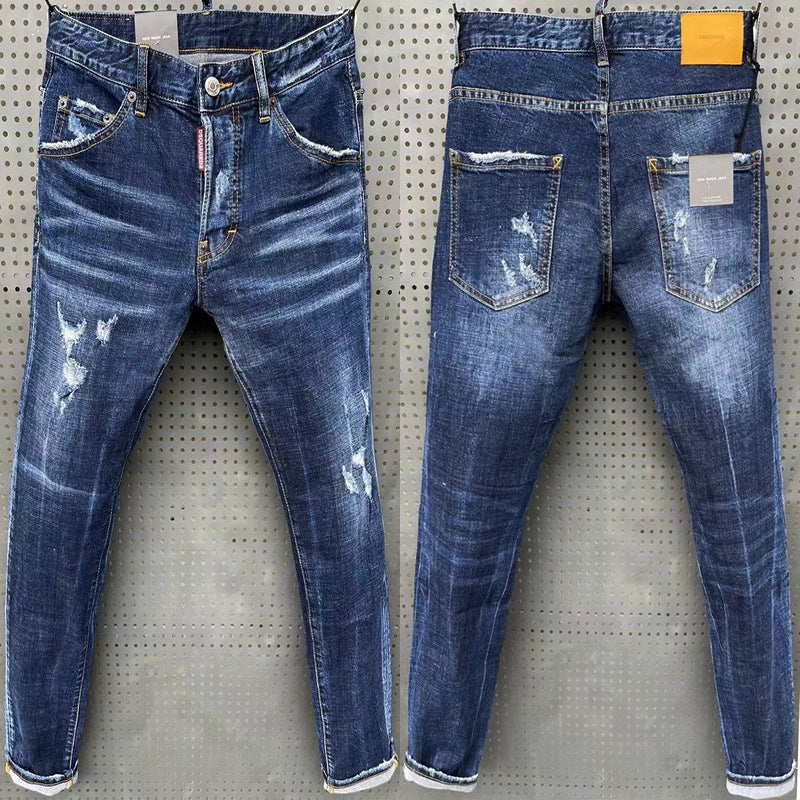 DSQ2 Jeans blue Tatting Splash Paint jeans Men's Slim-fit Patch Stretch jeans