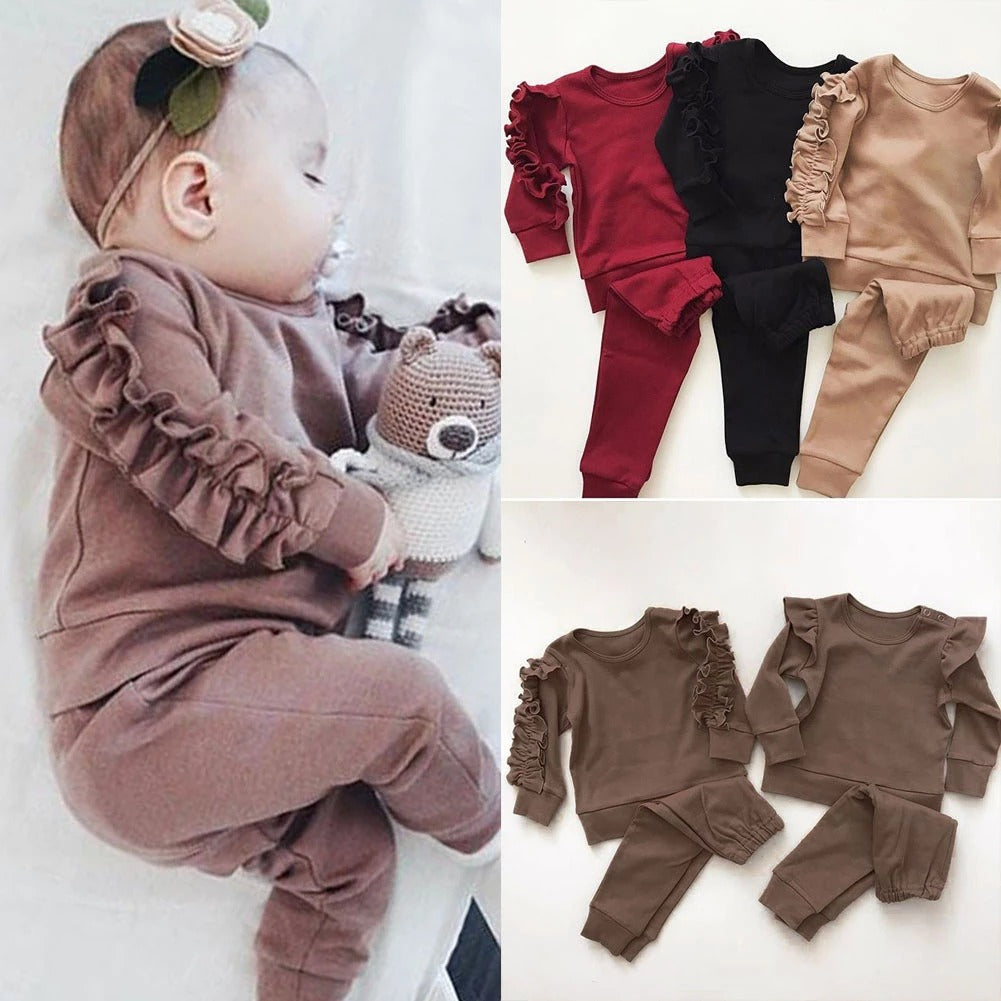 Newborn Baby Girl Ruffles Jumper Solid Long Sleeve Sweatshirt Tops Pants Infant Kids 2Pcs Outfits Clothes Set Fall Clothes