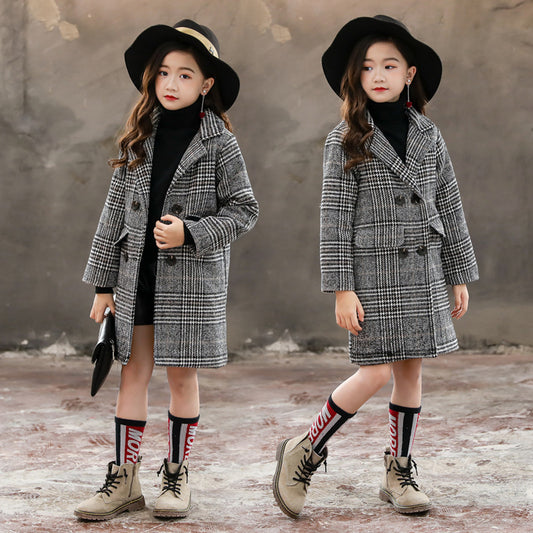 Girl gray plaid houndstooth coat for girls