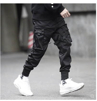 Men Black Hip Hop Cargo Pants Elastic Waist Jogger Trousers Sweatpants Pockets Full Length Casual Fashion