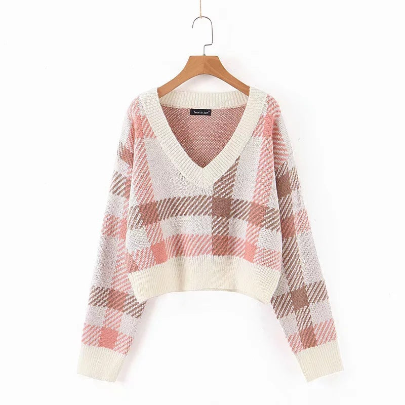 Girl V-neck Short Sweater Retro Check Girl Sweater