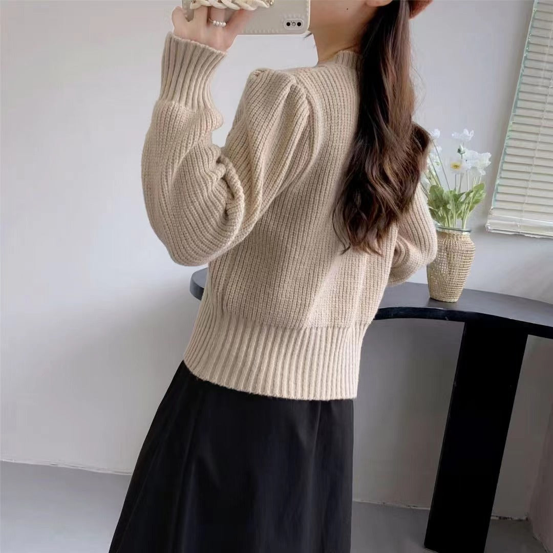 Woman sweater European And American Solid Color Knitwear Autumn Winter Japanese New Round Neck Pullover Lantern Sleeve Cable-knit Sweater