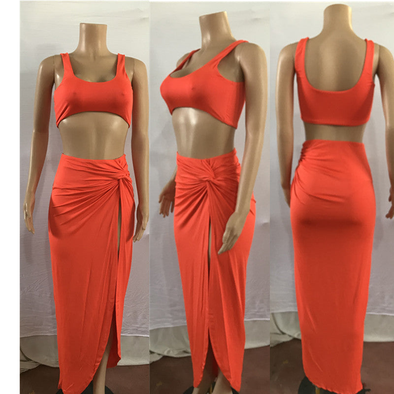 Women's Strap Tube Top Mid-length High Slit Two-piece Set